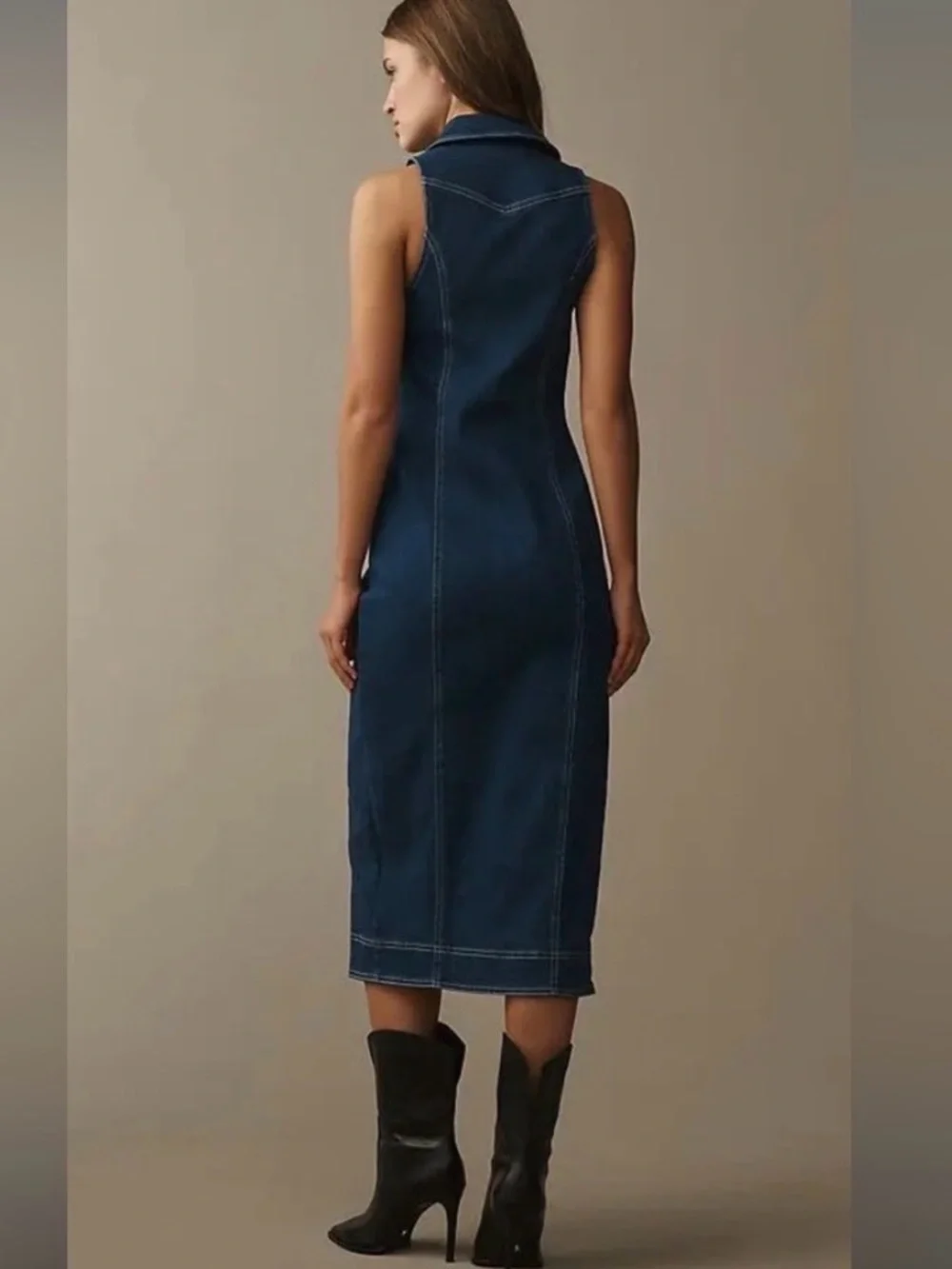 ANTHROPOLOGIE FITTED DENIM PILCRO MIDI DRESS COLOR DENIM DARK  XL NWT - Picture 3 of 16